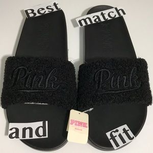 PINK Victoria’s Secret S M L Logo Embroidery Sherpa Slides Fluffy Black Sandals